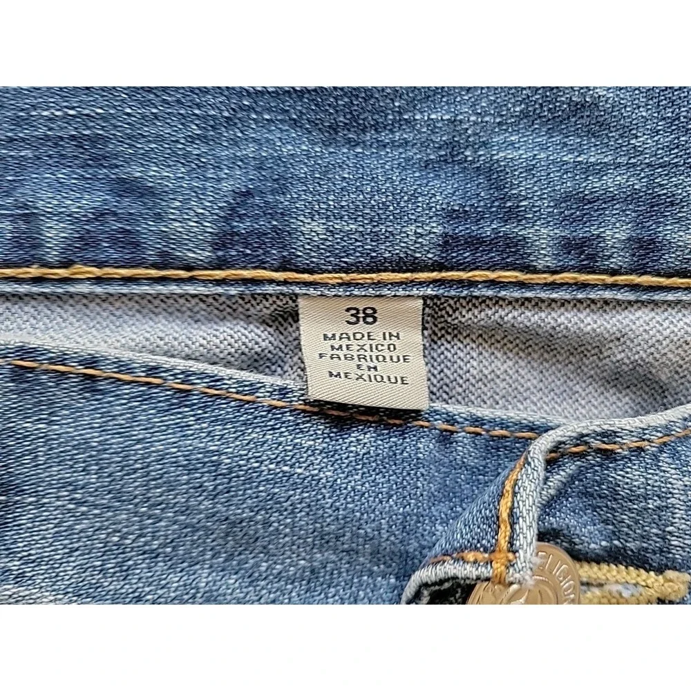 True Religion Mens Section Straight Blue Jeans Size 38 Pocket Flaps Whiskering